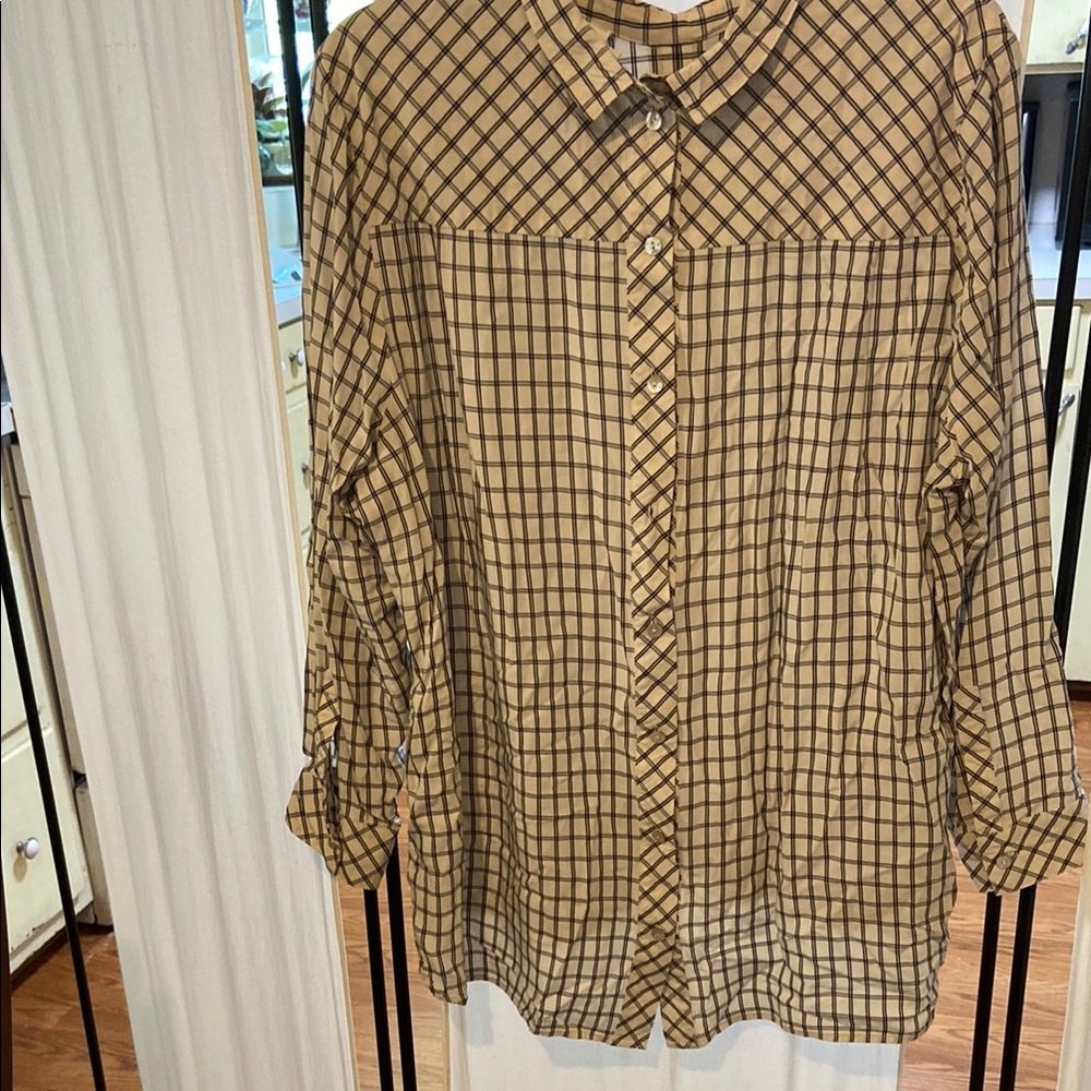 J. Jill Tan and Brown Checked Button-Down Shirt